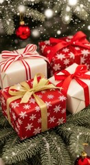 Colorful wrapped gifts under a Christmas tree with snowflakes falling softly