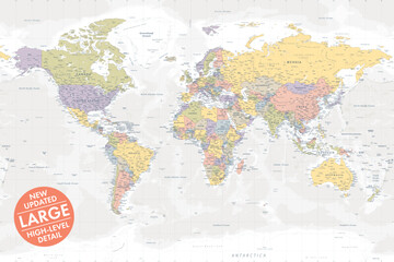 Vector world map large detailed layered updated edition in soft faded color style