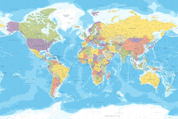 Vector world map large detailed layered updated edition in bright colorful style