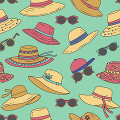 Summer hat and sunglasses patterns with various colors and styles. A seamless pattern design featuring various types of summer hats and sunglasses, displayed against a light teal background.