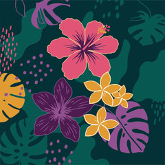 Tropical floral pattern with vibrant colors and abstract shapes. A design for apparel or home decor. Tropical floral print for textile/fabric design -