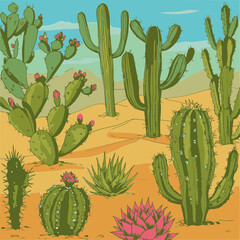 Desert landscape with various cactus and succulent plants in a detailed illustration. Colorful desert flora with diverse plant types in a serene outdoor setting.