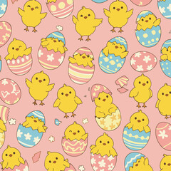 Cute yellow chicks emerging from pastel eggs in a whimsical Easter pattern. Adorable hatchlings in various poses within decorated eggs on a soft pink background.