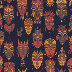 Tribal mask pattern featuring various stylized faces in vibrant colors. Collection of decorative masks with intricate details and tribal motifs on a dark background.