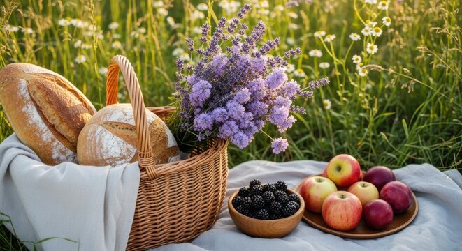 Fresh picnic basket filled with bread, fruit, and flowers in a sunny field
