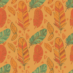 Decorative feather pattern in warm colors with tribal motifs. Ornate, vibrant feather designs with a textured, hand-drawn aesthetic.