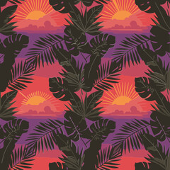 A repeating pattern of lush tropical leaves and sunset colors, perfect for fabric, wallpaper, or other design applications. The bold, graphic style offers a vibrant aesthetic.
