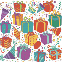 Colorful gift boxes and party elements in a celebration pattern. Hand-drawn design with varied colors and patterns, set against a white background.
