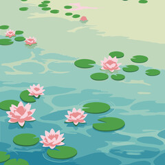 Pink lotus flowers on serene water surface. Peaceful aquatic scene with gentle water ripples. Nature illustration. Use for a relaxing or serene mood piece. peaceful scene.
