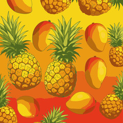 Tropical fruit pattern with vibrant colors and detailed illustration. Ripe pineapples and mangoes in a repeating design against a gradient background.