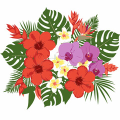 Tropical flower bouquet display with vibrant colors and lush greenery. Colorful floral arrangement with hibiscus, orchids, plumeria, and exotic foliage.