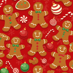 Gingerbread men and Christmas treats in a festive holiday pattern on a red background. Cute cookies, candy canes, and ornaments are scattered across the surface.