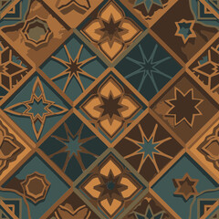 Geometric patterned design with warm earthy tones and teal accents in a repeating tile pattern. Intricate cutout floral and star designs on a textured background.