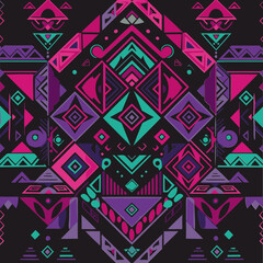 Abstract geometric pattern with vibrant colours. Intricate design with repeating shapes in pink, purple, and teal on a dark background.