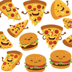 Pizza and burger cartoon characters in a food pattern. Smiling slices of pizza and burgers with exaggerated features and joyful expressions.