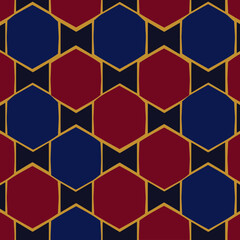 Geometric repeating pattern of hexagons in deep navy blue and burgundy with gold accents. Abstract design with no people or objects.