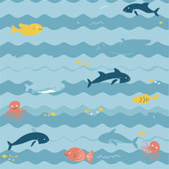 Cute aquatic creatures swimming in a light blue ocean scene. Ocean animals in various colors swim in gentle, playful poses among wavy ocean patterns.