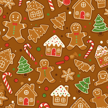 Gingerbread cookie pattern design for Christmas theme. Charming and festive design with gingerbread men, houses, trees, and candy canes.