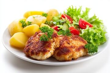 Golden Fried Chicken Cutlets with Potatoes and Mixed Salad