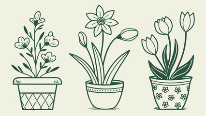 Potted Plants and Spring Flowers Icon Set – Flat Minimal Vector Design for Garden and Home Decor