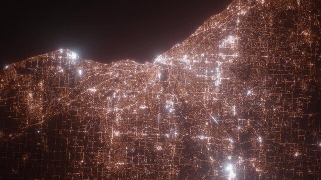 Cleveland (Ohio, USA) aerial view at night. Top view on modern city with street lights. Camera is zooming out, rotating clockwise