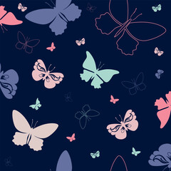 Abstract seamless pattern of colorful butterflies in flight on a soft neutral background, ideal for fabric, stationery, packaging or children&rsquo;s design.