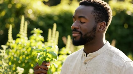 Happy african american man smelling fresh basil leaves in a garden, enjoying organic harvest, close up video