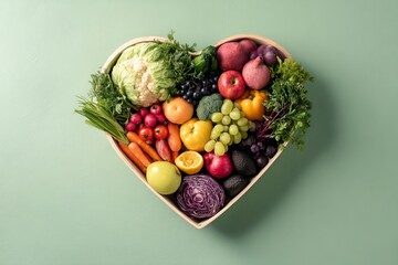 Heart- Shaped Arrangement of Fresh Fruits and Vegetables Keywords: healthy eating, heart shape