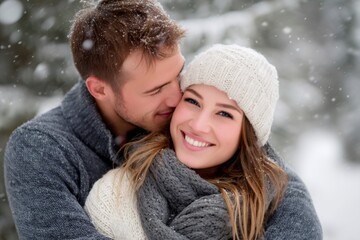 Happy couple embracing in a romantic winter snow scene