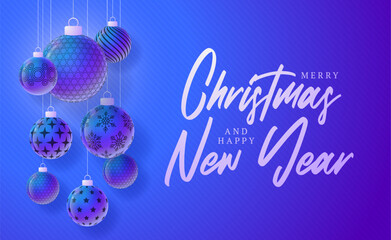 Golf Christmas and New Year sport banner. Merry Christmas tech greeting card with xmas ball as a bauble on purple neon background. Vector illustration