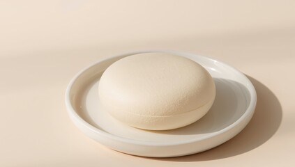 Spherical Object Resting On A White, Glossy Dish Soft, Natural Lighting Creates Shadows.