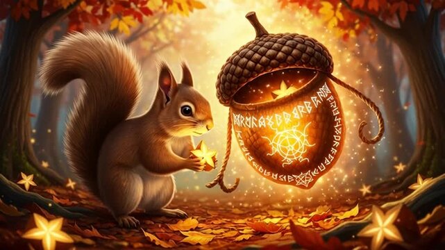 Enchanting autumn scene with a squirrel interacting with a magical acorn, creating a whimsical forest atmosphere filled with glowing stars and falling leaves