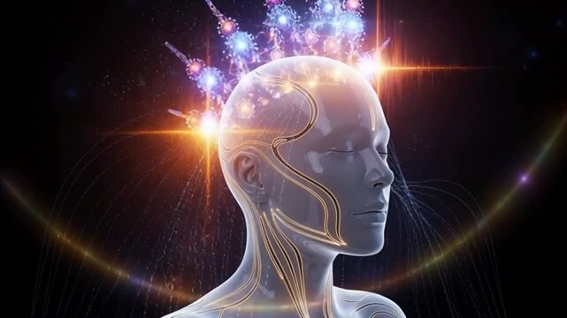 Dynamic visualization of human consciousness evolving with vibrant cosmic energy and intricate neural pathways sparking new ideas and innovation