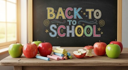 Back to school chalkboard with apples and chalk on a wooden table