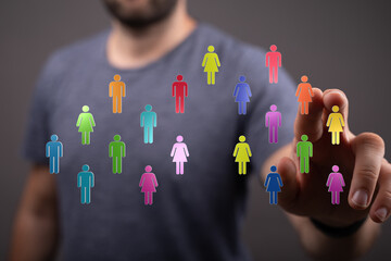 Concept of networking, social connection, and communication with human icons. Illustrates team,...