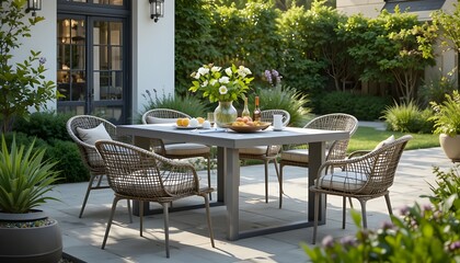 Elegant outdoor patio dining area with modern table, woven chairs, fresh greenery and floral centerpiece, set in a luxury backyard garden for summer entertaining, relaxation, and outdoor lifestyle 