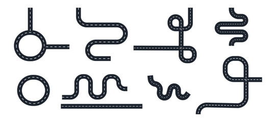 Road vector. Curved winding road from top view, straight road and bending roads. © Gold Graphic