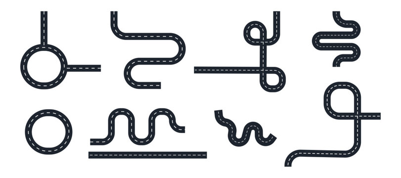 Road vector. Curved winding road from top view, straight road and bending roads.