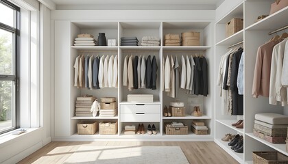 Modern walk-in closet interior with neatly organized clothing, wooden flooring, white shelves, hanging garments, storage baskets, and natural daylight coming from a large window, creating a clean