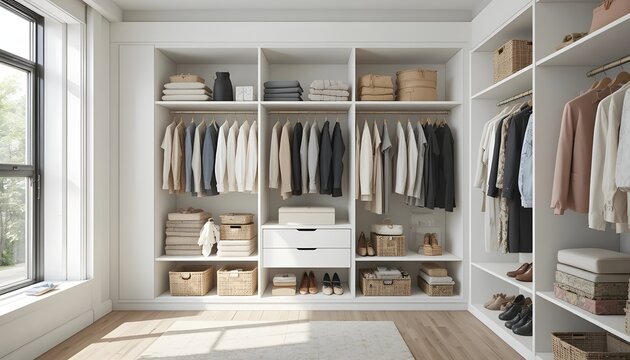 Modern walk-in closet interior with neatly organized clothing, wooden flooring, white shelves, hanging garments, storage baskets, and natural daylight coming from a large window, creating a clean - Powered by Adobe