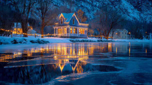 Frozen lake reflection of a house with glowing Christmas lights. 