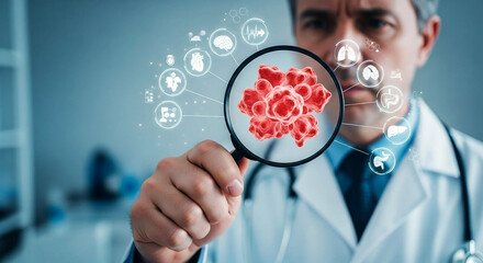 Doctor examining red cell growth with magnifying glass image