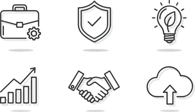 Collection of business icons including a briefcase with gear, shield with checkmark, lightbulb with leaf, graph, handshake, and cloud upload.