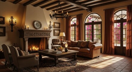 Warm Mediterranean Style Living Room with Fireplace and Arched Windows
