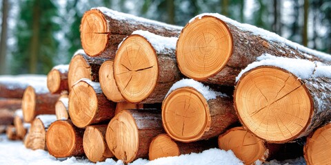 Fototapeta premium Stacked logs covered in snow during winter season
