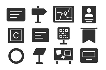 Art Exhibition Icons. Solid style icons of Art exhibition signage: information plaque, directional sign, map board, artist label,