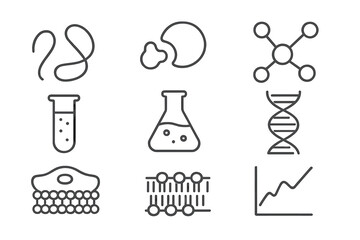 Molecular Biology Icons. Line style icons of Molecular Biology: Protein, Enzyme, Molecule, Test Tube, Lab Flask, DNA Helix, Cell