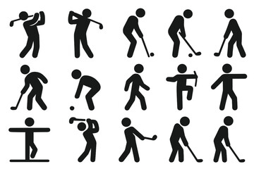 Action Movement Icons. Solid style icons of Action and movement: swing, follow-through, putting, chipping, pitching, bending,