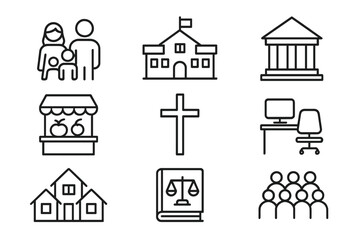 Obraz premium Social Structure Icons. Line style icons of Social Structures: Family, School, Government Building, Market, Religion Symbol,