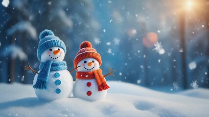 Adorable snowman pair in winter wonderland snowy background festive holiday scene winter season christmas concept snowfall animation - Powered by Adobe
